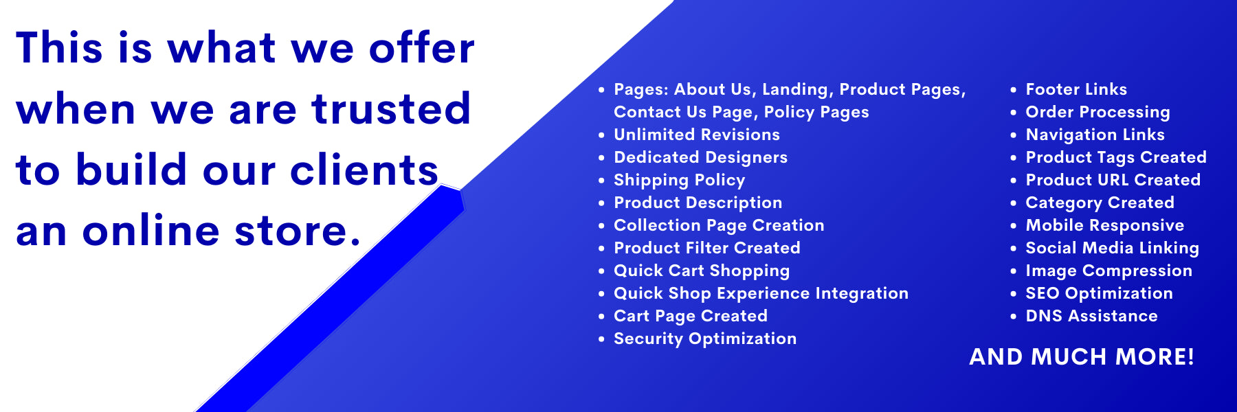 List of services offered for building an online store with a blue and white color scheme.
