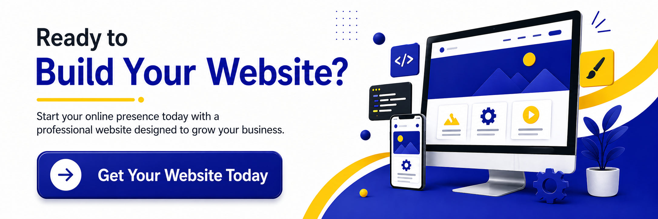 Promotional banner for website building services with a computer monitor, smartphone, and tablet displaying website designs.