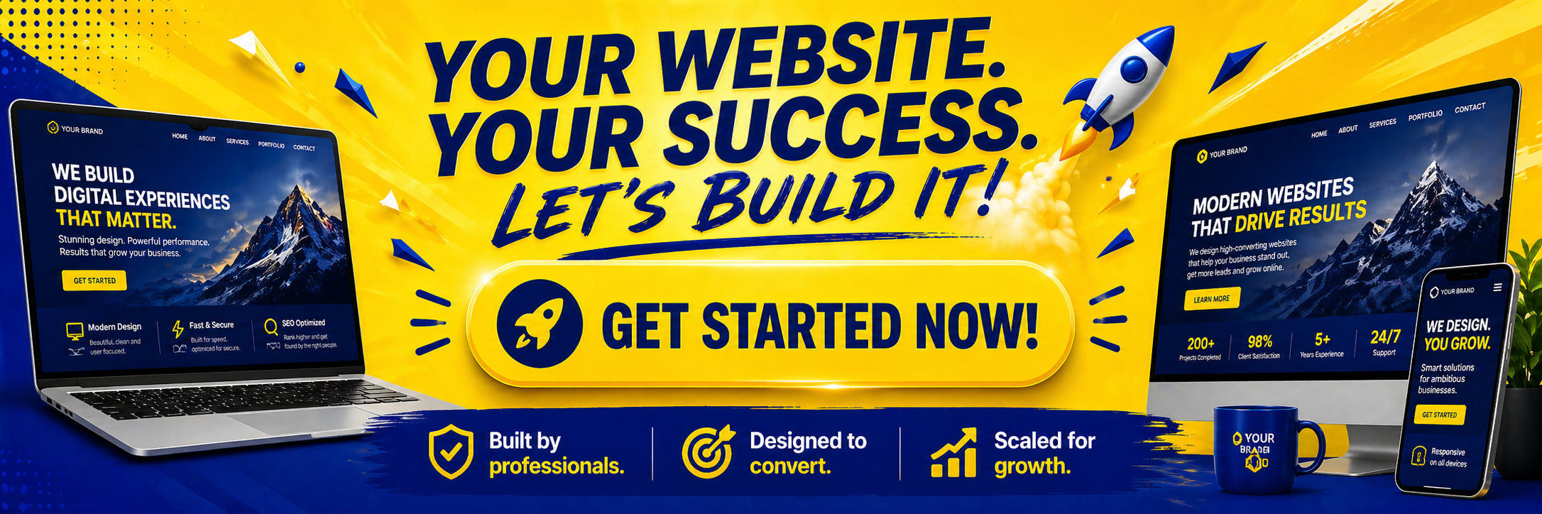 Promotional banner for website building services with laptop, phone, and mug on a blue and yellow background.
