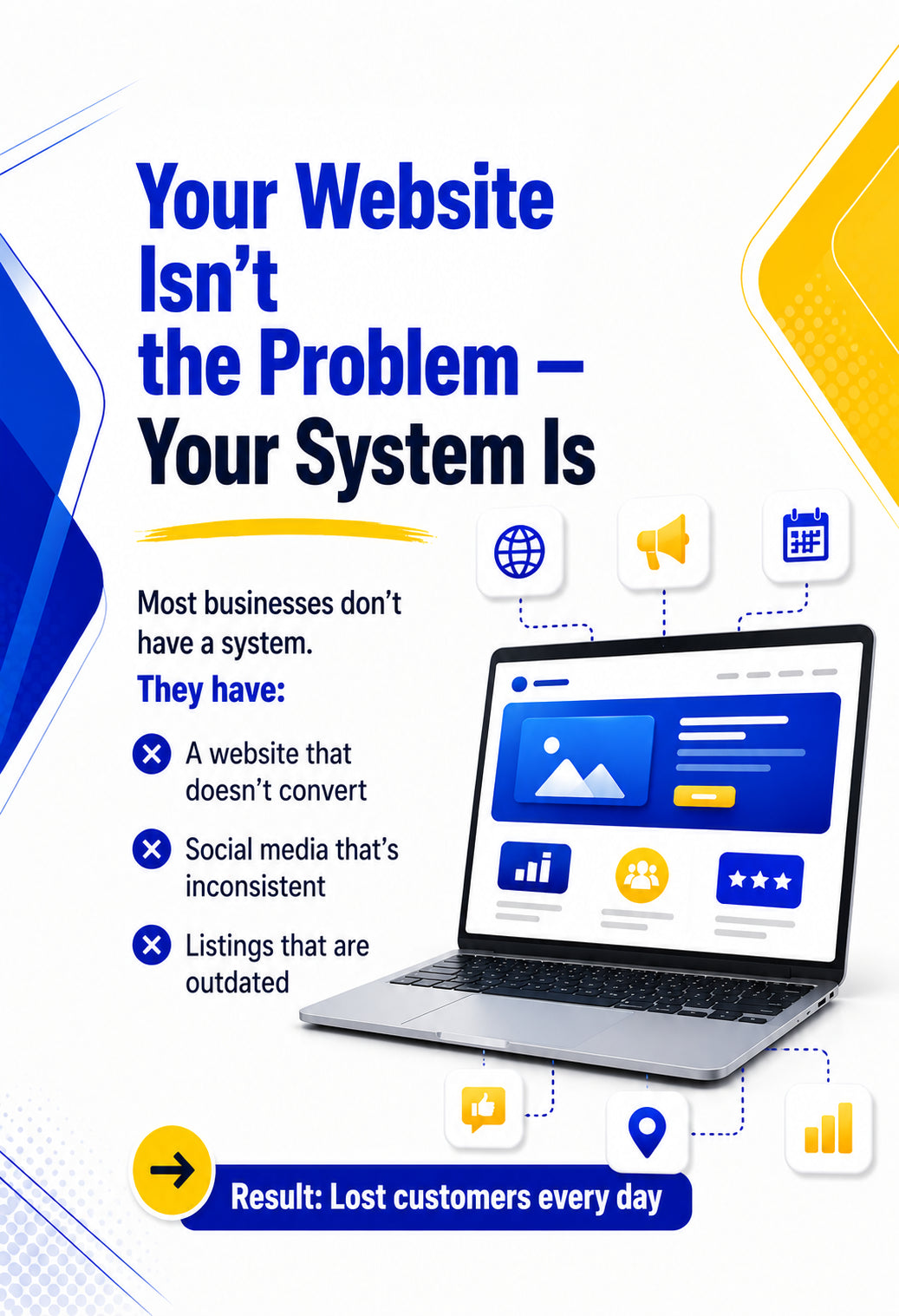 Promotional graphic with laptop, icons, and text about website issues and system problems.
