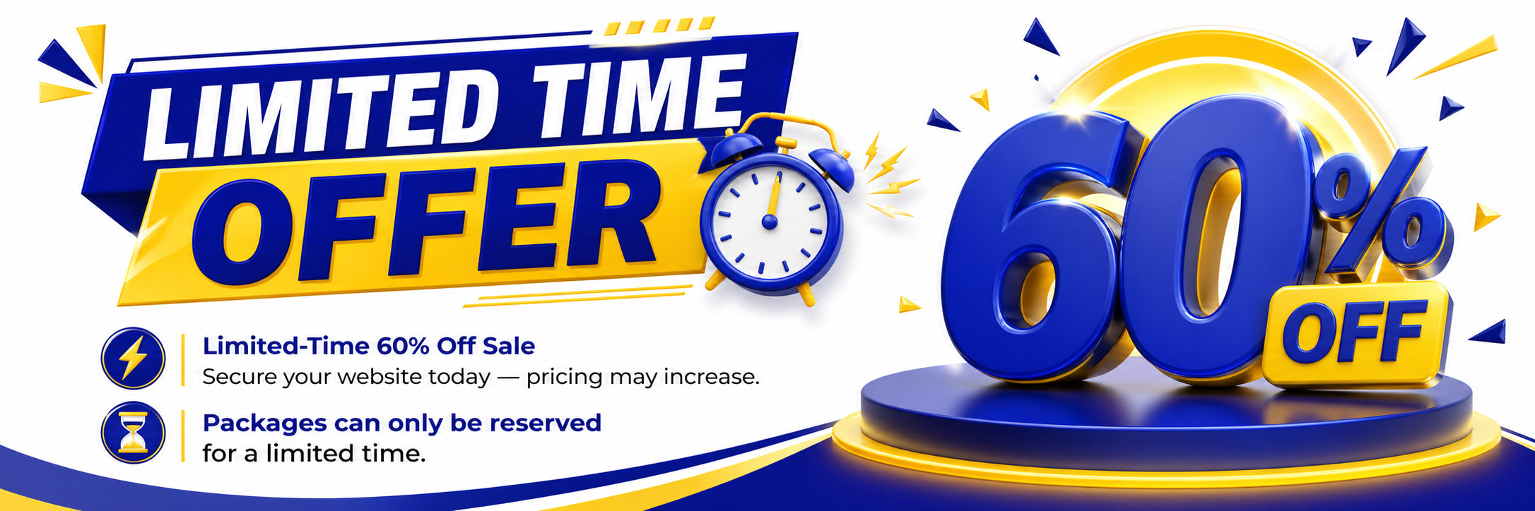 Promotional banner with 'Limited Time Offer' and '60% Off' text, featuring a clock icon.