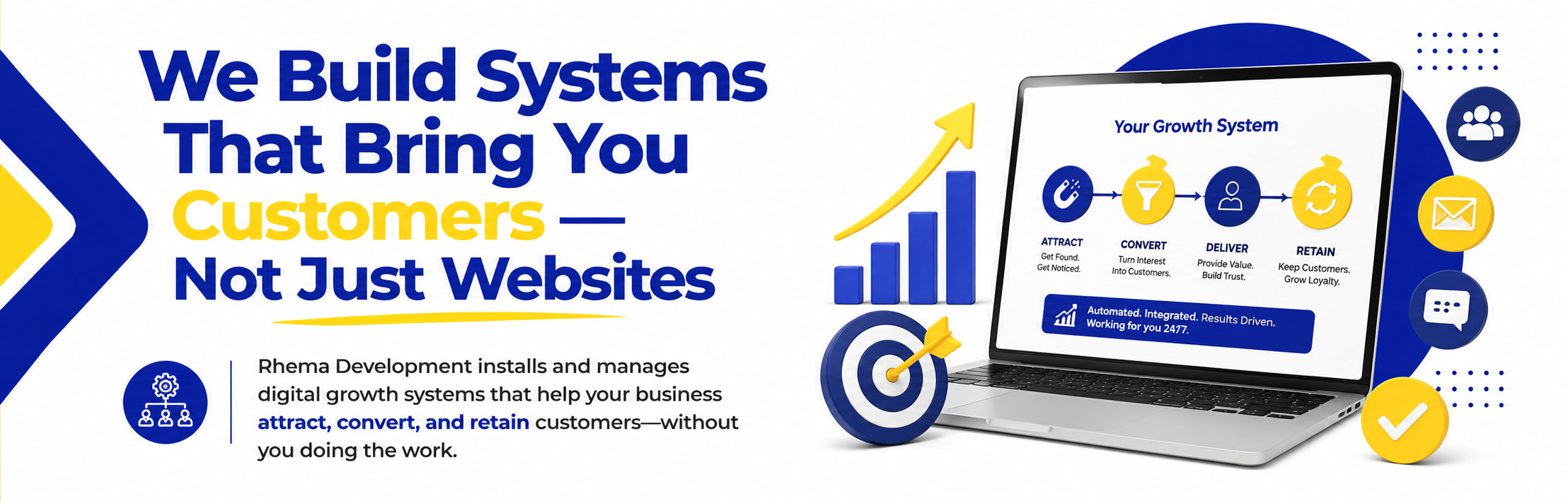 Promotional banner for Rhema Development with text and graphics about building systems for business growth.