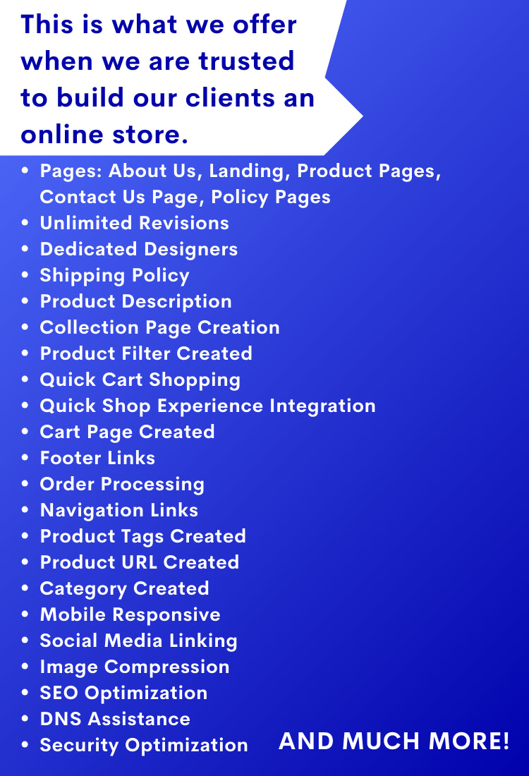 List of services offered for building an online store on a blue background
