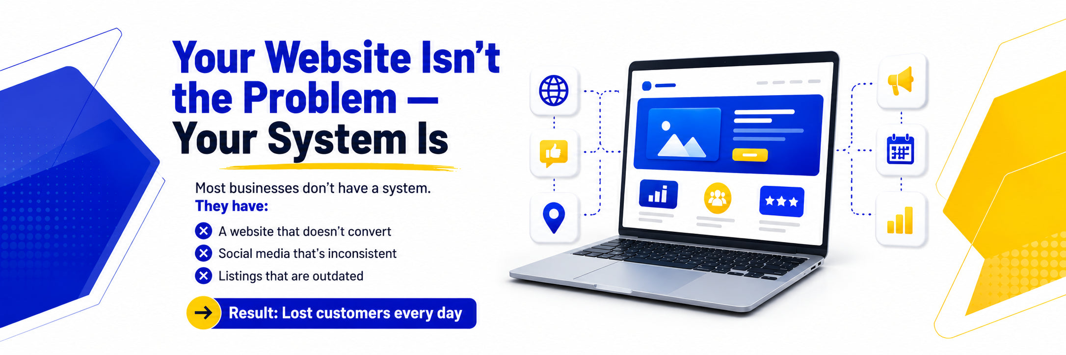 Promotional graphic with laptop, icons, and text about website issues and system problems.