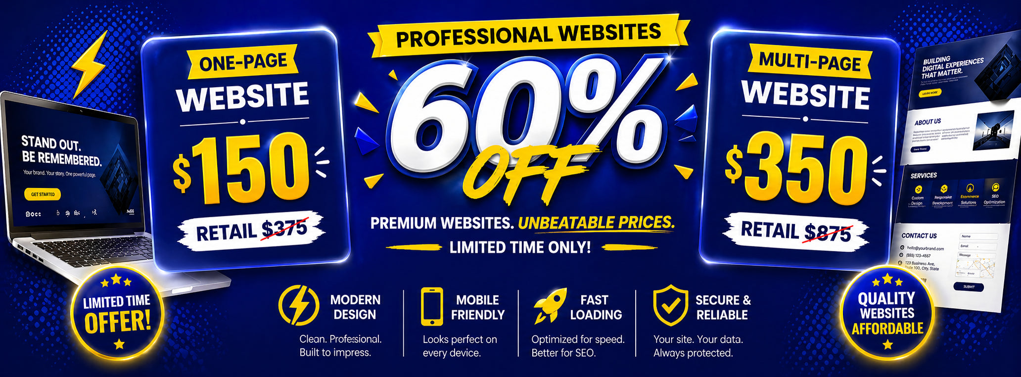 Promotional banner for website design services with pricing and features highlighted.