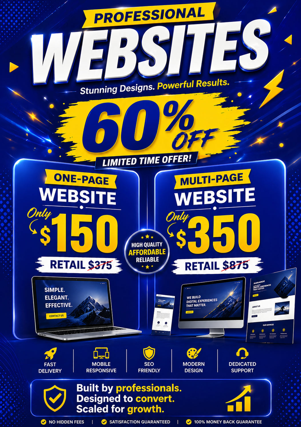 Promotional advertisement for website design services with pricing and features highlighted.