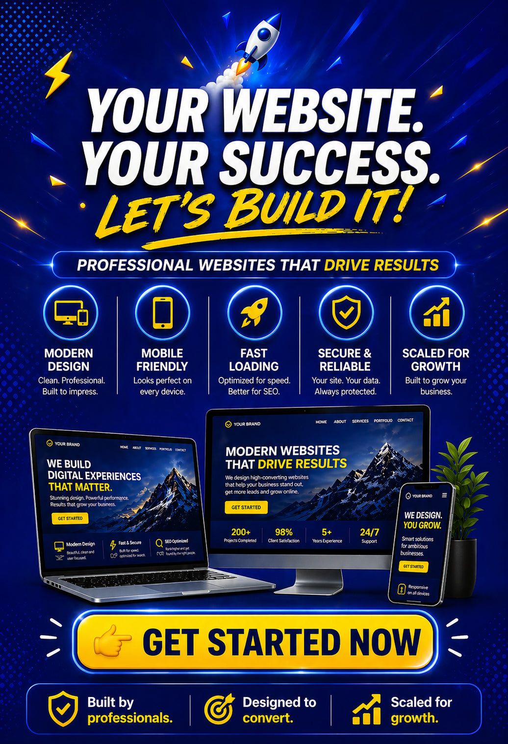 Promotional graphic for website building services with text and icons on a blue background.