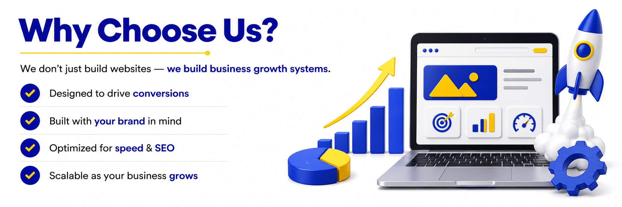 Promotional graphic for a web development service with a laptop, graphs, and icons on a blue background.